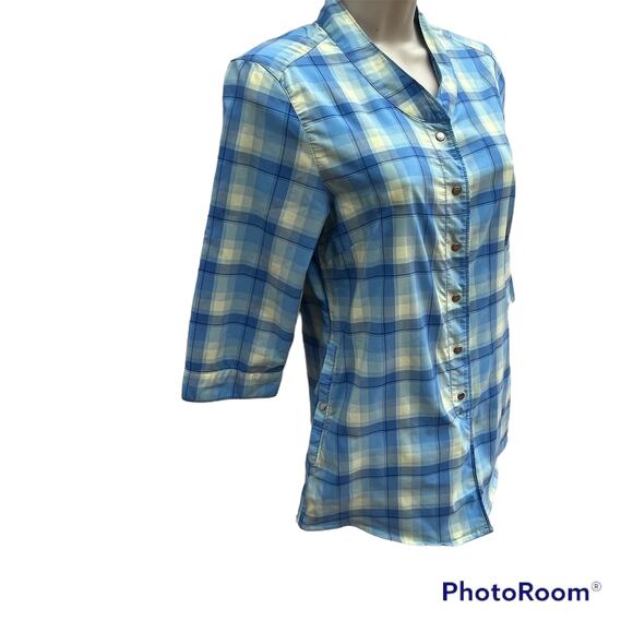 Helly Hansen Blue Plaid Snap Front Shirt 3/4 Sleeve Pockets Womens XS Pockets - Picture 4 of 10
